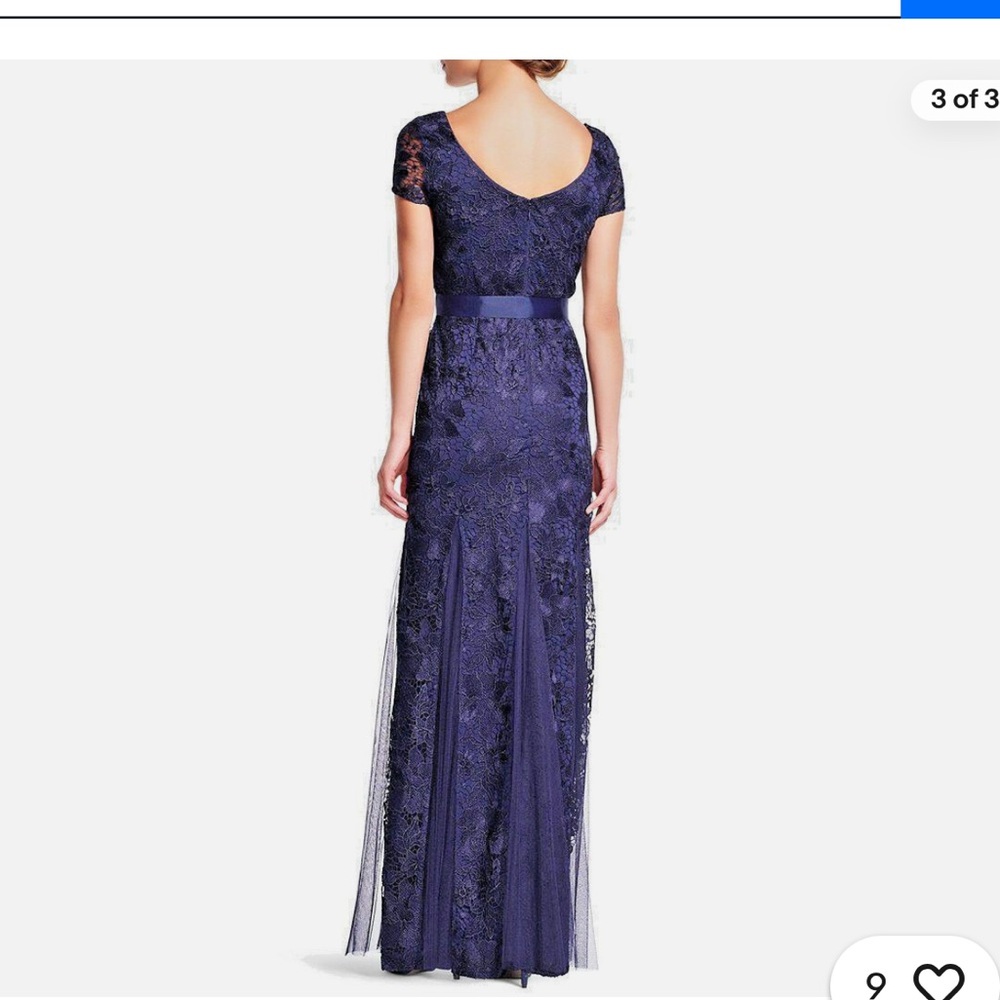 Adrianna Papell “Deep Blue”Damask Sequined Gown with Sash Short Sleeve Size 4 - Picture 3 of 12